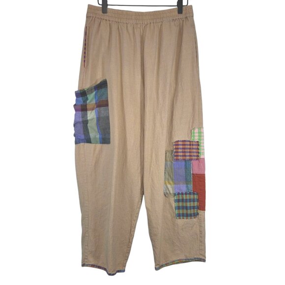 Rujuta Sheth Collage High-Rise Pants Sand Tan Patchwork Boho Lagenlook Kitsch L - Picture 4 of 11